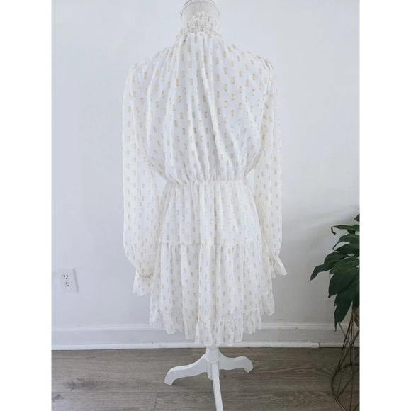OPT O.P.T Lluvia White Gold Polka Dot Tiered Flowy Smock Neck Mini Short Dress S - Picture 9 of 12